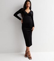 New Look Maternity Black Velvet Long Sleeve Midi Wrap Dress